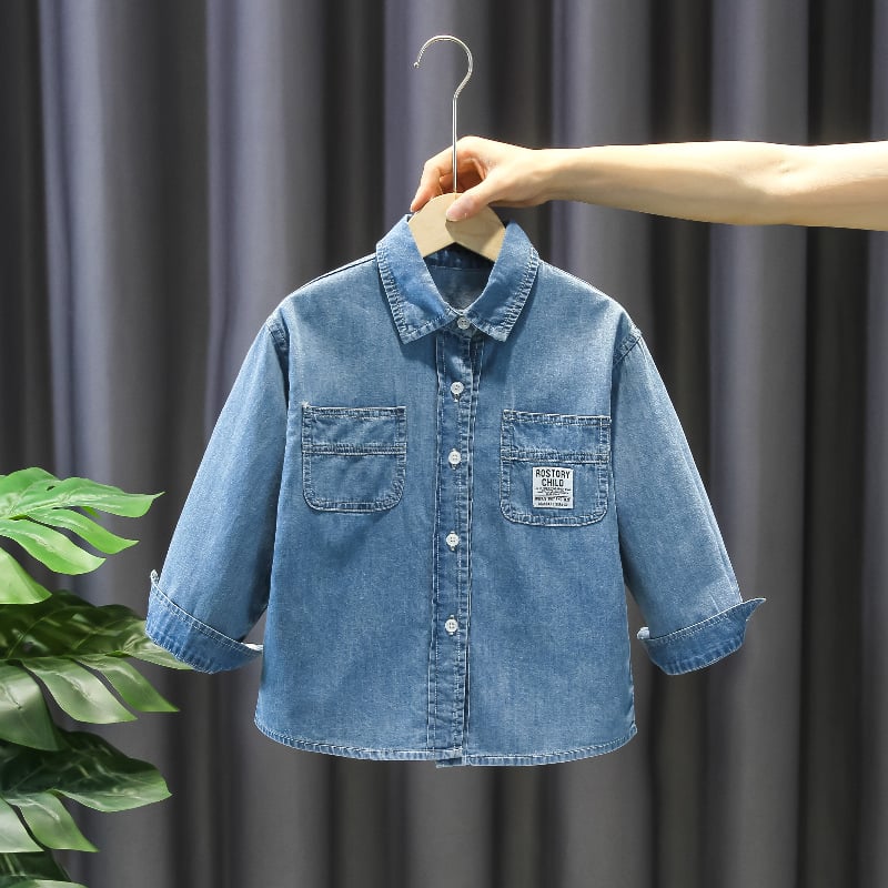 Cămașă din denim pentru copii, guler rever, mâneci lungi, 100% bumbac, ușoară, pentru toate anotimpurile
