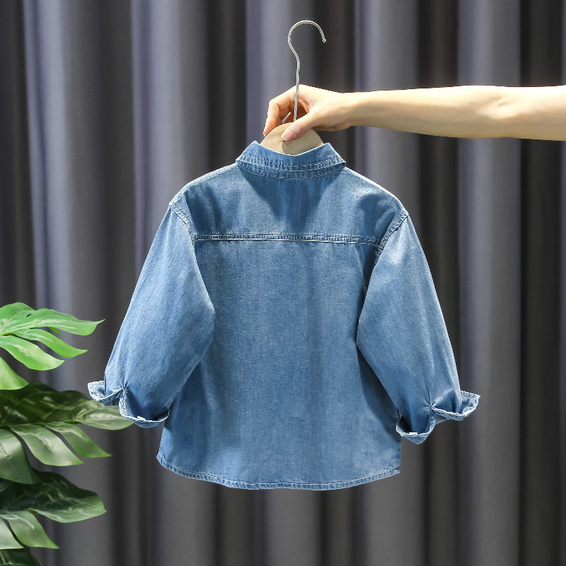 Cămașă din denim pentru copii, guler rever, mâneci lungi, 100% bumbac, ușoară, pentru toate anotimpurile