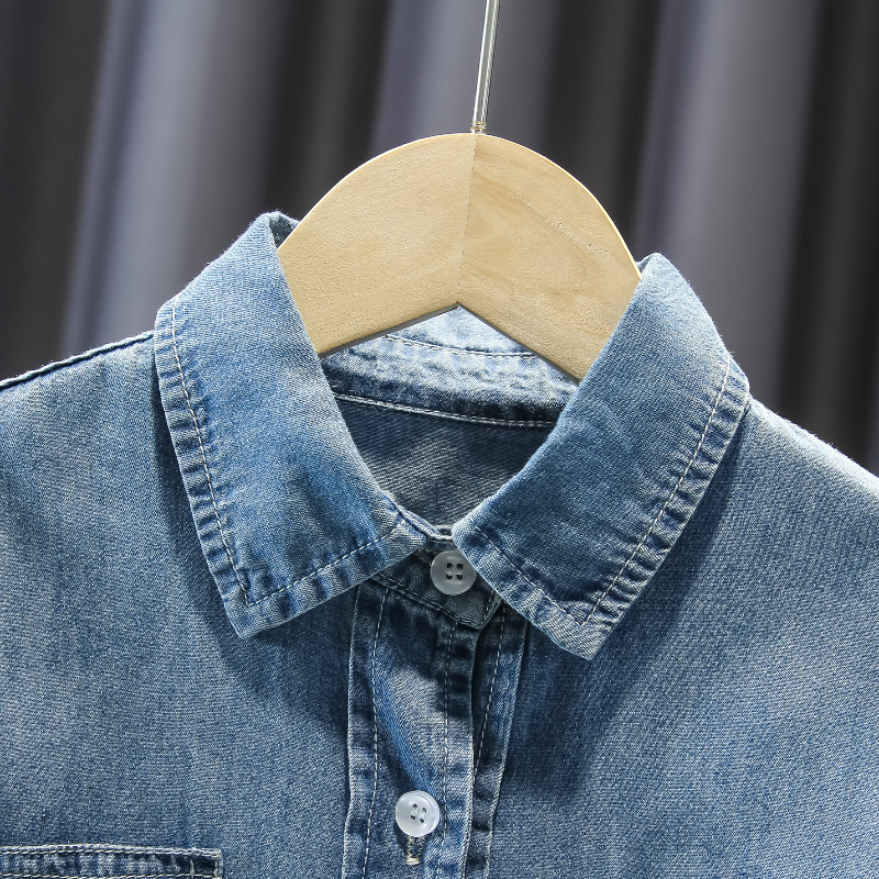 Cămașă din denim pentru copii, guler rever, mâneci lungi, 100% bumbac, ușoară, pentru toate anotimpurile