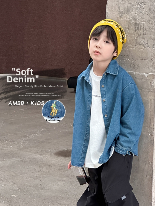 Detská rifľová košeľa s výšivkou, pískovo praná, Cowboy riflovina, 91,8% bavlna / 4,1% polyester / 4,1% regenerovaná celulóza, unisex, jeseň 2025, zapínanie na jedno tlačidlo, kórejský štýl