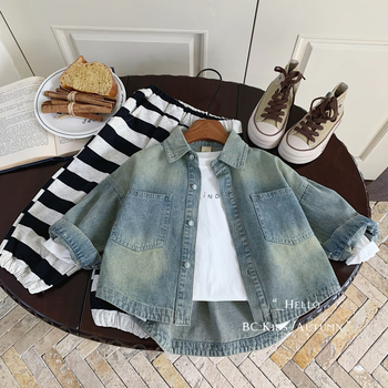 Cămașă de denim pentru copii, stil K, guler cu rever, mâneci lungi, țesătură din bumbac