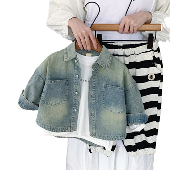Cămașă de denim pentru copii, stil K, guler cu rever, mâneci lungi, țesătură din bumbac