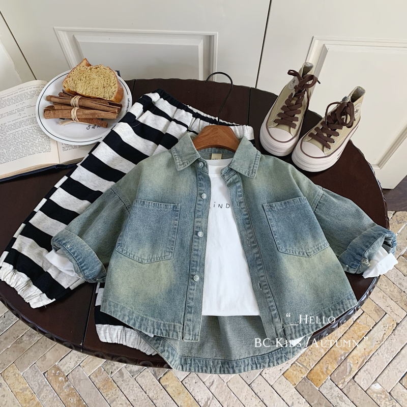 Cămașă de denim pentru copii, stil K, guler cu rever, mâneci lungi, țesătură din bumbac