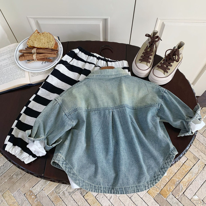 Cămașă de denim pentru copii, stil K, guler cu rever, mâneci lungi, țesătură din bumbac