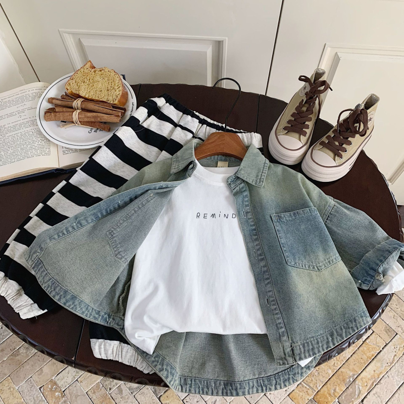 Cămașă de denim pentru copii, stil K, guler cu rever, mâneci lungi, țesătură din bumbac