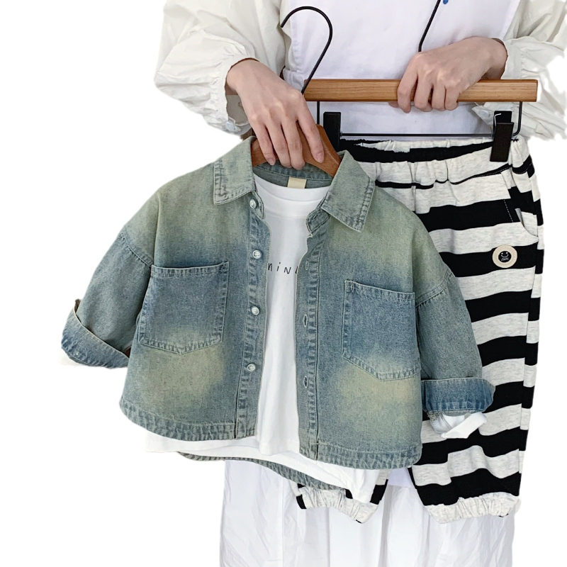 Cămașă de denim pentru copii, stil K, guler cu rever, mâneci lungi, țesătură din bumbac