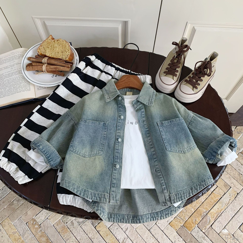 Cămașă de denim pentru copii, stil K, guler cu rever, mâneci lungi, țesătură din bumbac