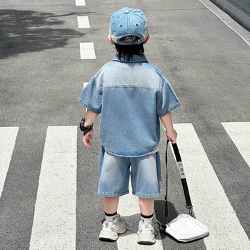 Dječji trodijelni ljetni kostim: denim košulja kratkih rukava i šortsevi, korejski stil, za uzrast 3–8 godina (100–140 cm), pamuk 55%