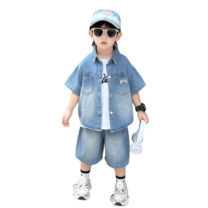 Dječji trodijelni ljetni kostim: denim košulja kratkih rukava i šortsevi, korejski stil, za uzrast 3–8 godina (100–140 cm), pamuk 55%