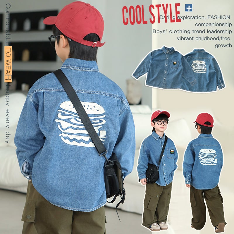 Cămașă din denim pentru băieți, stil japonez, guler lapel, mâneci lungi, pentru copii peste 8 ani (toamnă 2025)