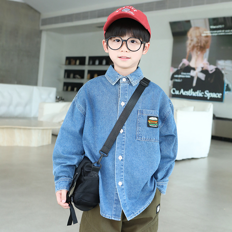 Zēnu džinsa krekli-jaka, japāņu stilā, apkakle ar lapeli, garas piedurknes, bērniem virs 8 gadu (rudens 2025)