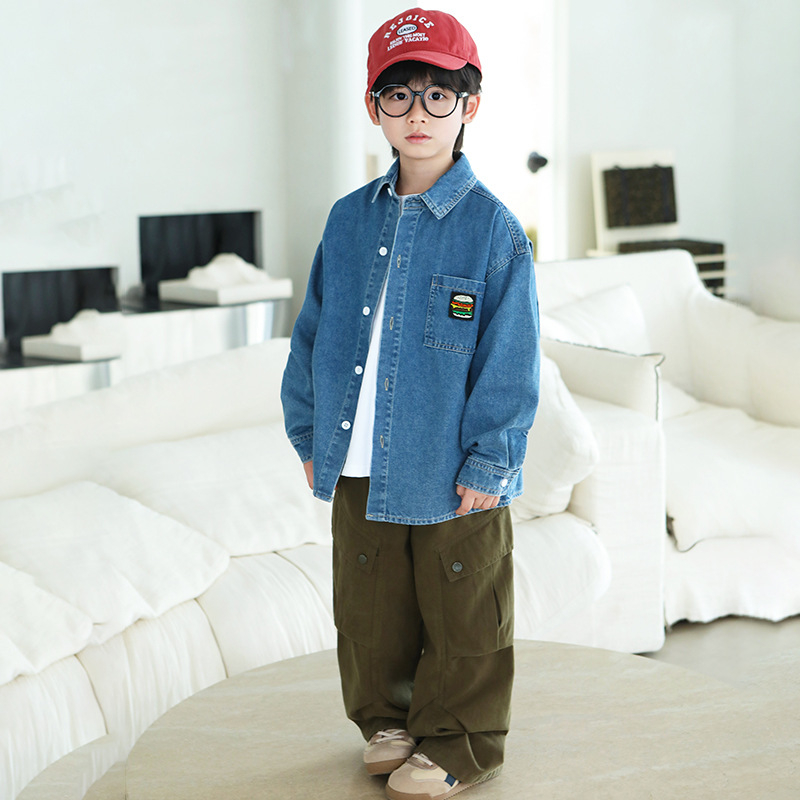 Zēnu džinsa krekli-jaka, japāņu stilā, apkakle ar lapeli, garas piedurknes, bērniem virs 8 gadu (rudens 2025)