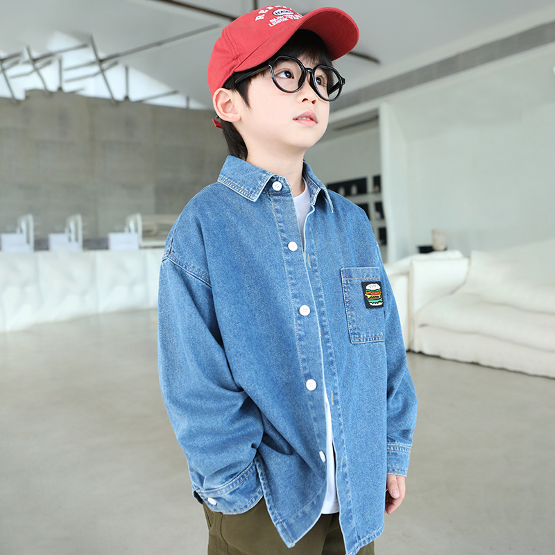 Zēnu džinsa krekli-jaka, japāņu stilā, apkakle ar lapeli, garas piedurknes, bērniem virs 8 gadu (rudens 2025)