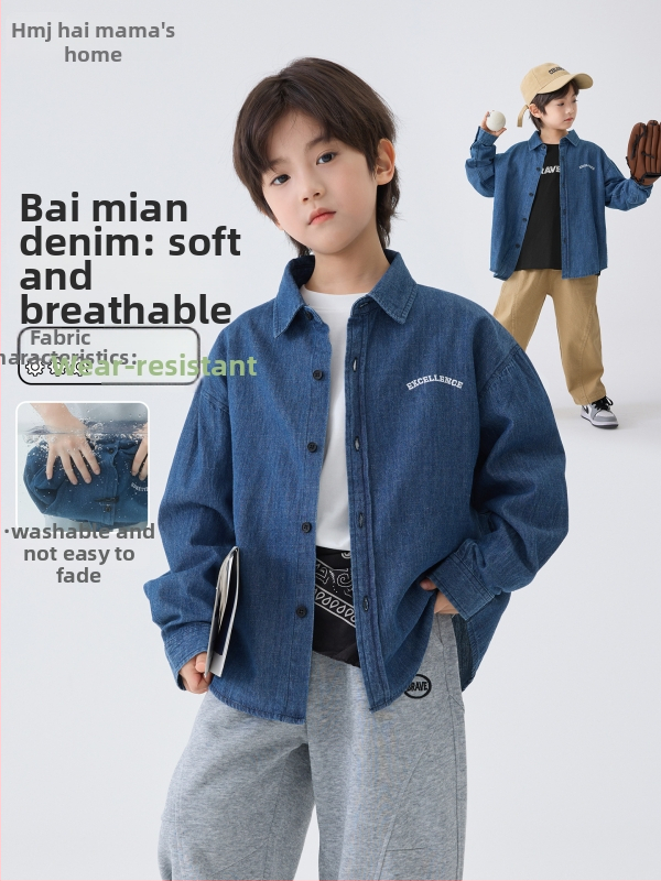 Dječja denimska košulja, korejski stil, ovratnik Turn-down, 100% pamuk, proljeće i jesen