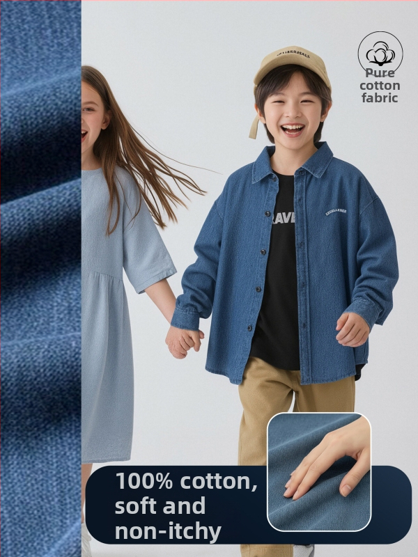 Dječja denimska košulja, korejski stil, ovratnik Turn-down, 100% pamuk, proljeće i jesen