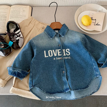 Cămașă denim pentru copii din bumbac, imprimeu cu litere, stil coreean, guler rever