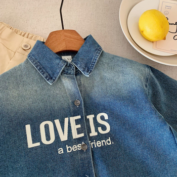 Cămașă denim pentru copii din bumbac, imprimeu cu litere, stil coreean, guler rever