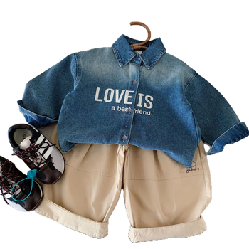 Cămașă denim pentru copii din bumbac, imprimeu cu litere, stil coreean, guler rever