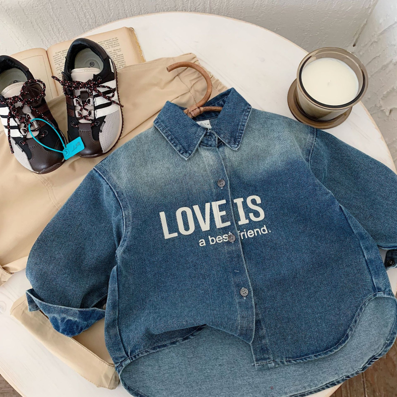 Cămașă denim pentru copii din bumbac, imprimeu cu litere, stil coreean, guler rever
