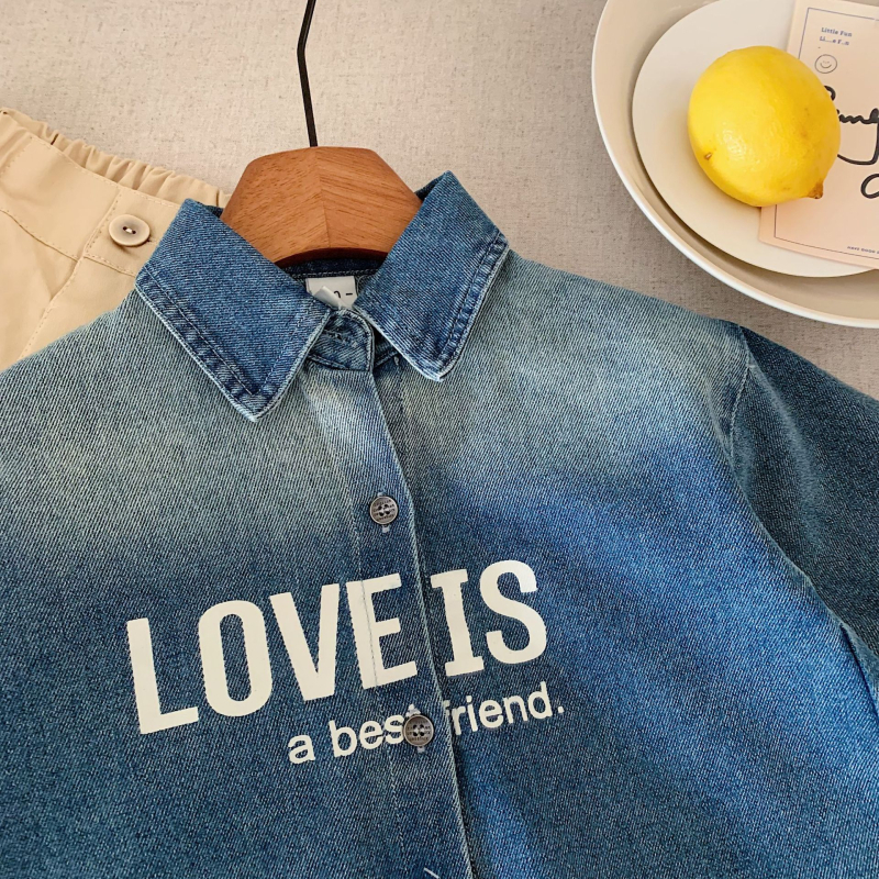 Cămașă denim pentru copii din bumbac, imprimeu cu litere, stil coreean, guler rever