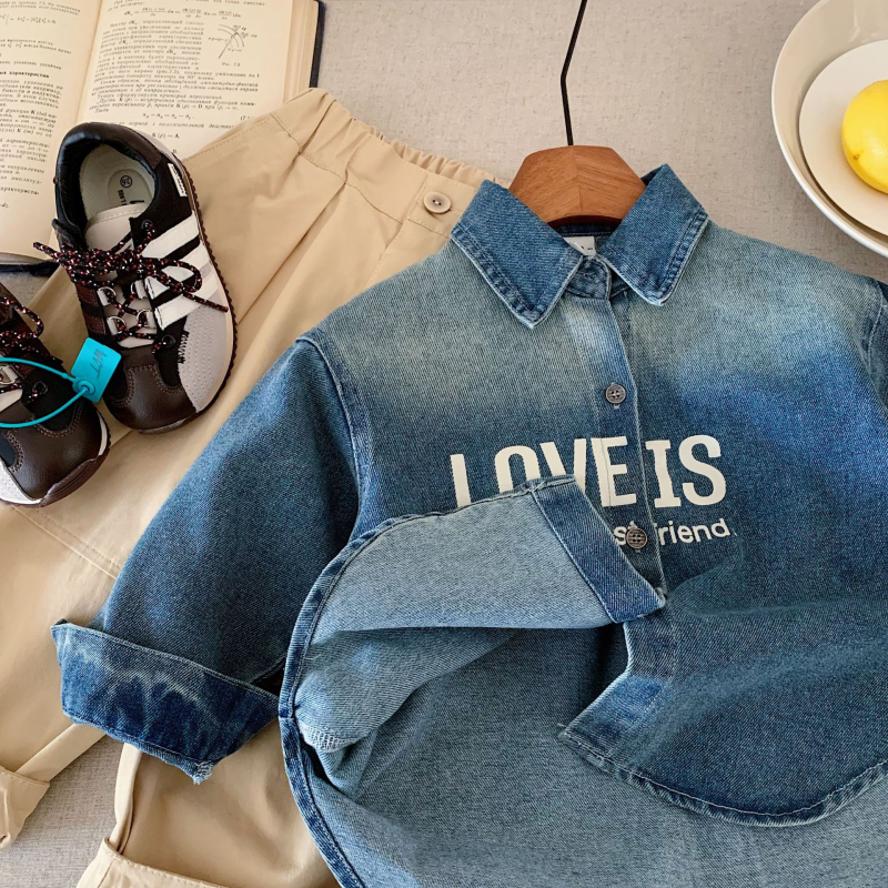 Cămașă denim pentru copii din bumbac, imprimeu cu litere, stil coreean, guler rever