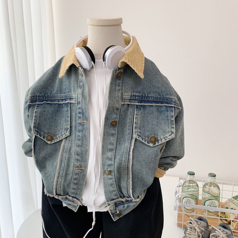 Jachetă din corduroy pentru băieți, stil coreean, cu glugă detașabilă, pentru 1–3 ani, primăvară-toamnă