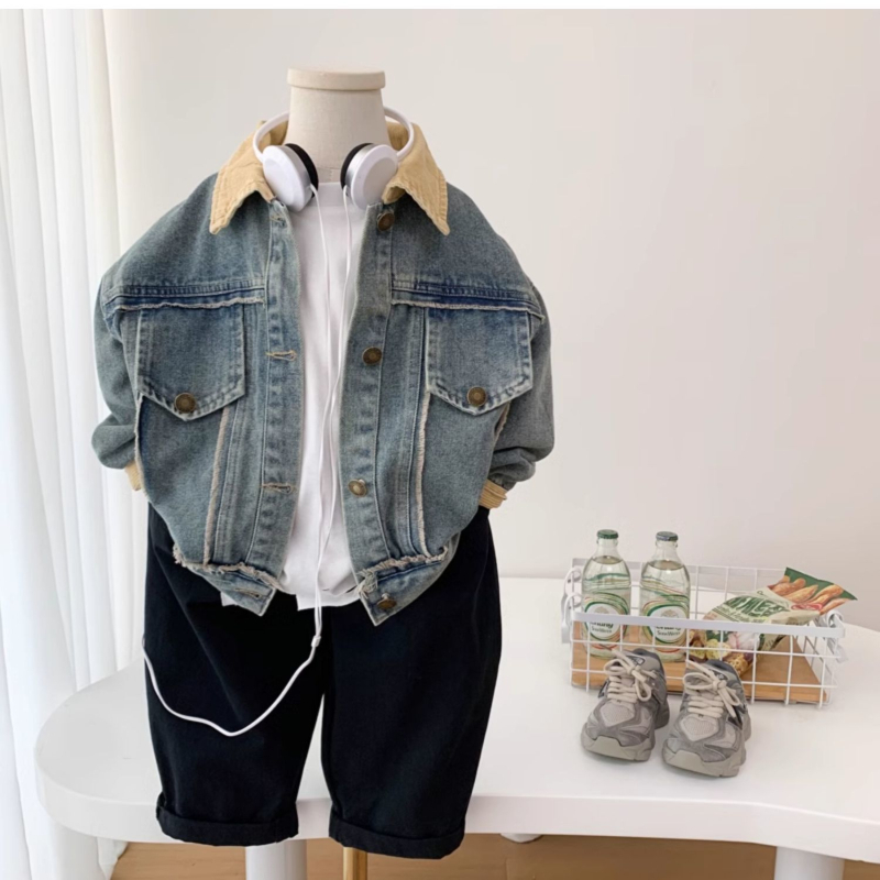 Jachetă din corduroy pentru băieți, stil coreean, cu glugă detașabilă, pentru 1–3 ani, primăvară-toamnă