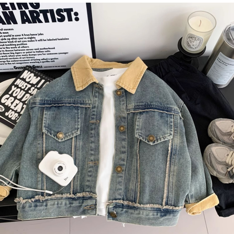 Jachetă din corduroy pentru băieți, stil coreean, cu glugă detașabilă, pentru 1–3 ani, primăvară-toamnă