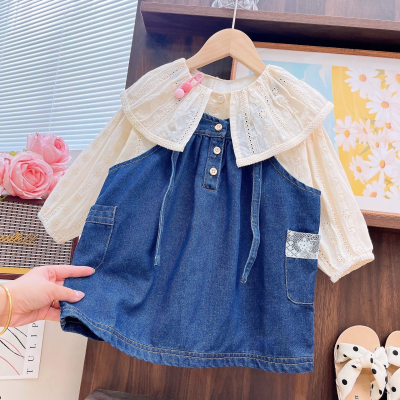 Dvije dijelni dječji set: denim suknja s trakama i čipkana bluza, dugi rukavi, za djevojčice od 3 do 8 godina, proljeće i jesen