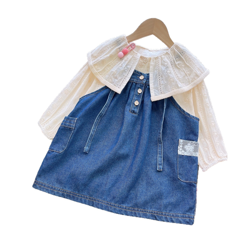 Dvije dijelni dječji set: denim suknja s trakama i čipkana bluza, dugi rukavi, za djevojčice od 3 do 8 godina, proljeće i jesen
