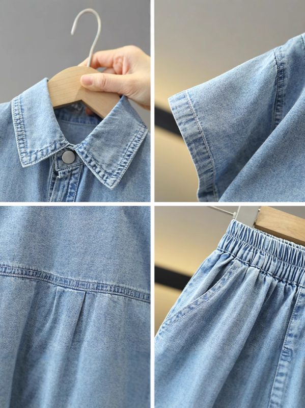 Dječji dvodjelni set od denimske košulje s kratkim rukavima i hlačama 3/4, pamukasto-prijateljski materijal, meka obrada, enzimno pranje, crtani uzorak, ljeto, 1–3 godine