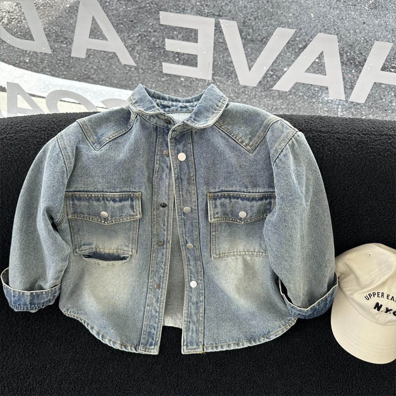 Jachetă de denim pentru copii în stil coreean (80% bumbac, 20% poliester; stil: versiune coreeană; închidere: cu nasturi; vârsta: 3–8 ani; sezoane: primăvară și toamnă)