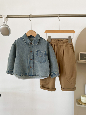 Cămașă din denim pentru copii – Unisex, mâneci lungi, guler Turn-Down, model solid, primăvară (Material principal: 75,6% bumbac; Guler: Turn-Down; Mâneci: lungi; Model: solid; Sezon: primăvară)