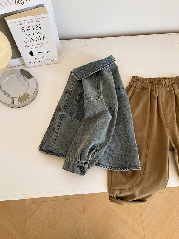 Cămașă din denim pentru copii – Unisex, mâneci lungi, guler Turn-Down, model solid, primăvară (Material principal: 75,6% bumbac; Guler: Turn-Down; Mâneci: lungi; Model: solid; Sezon: primăvară)