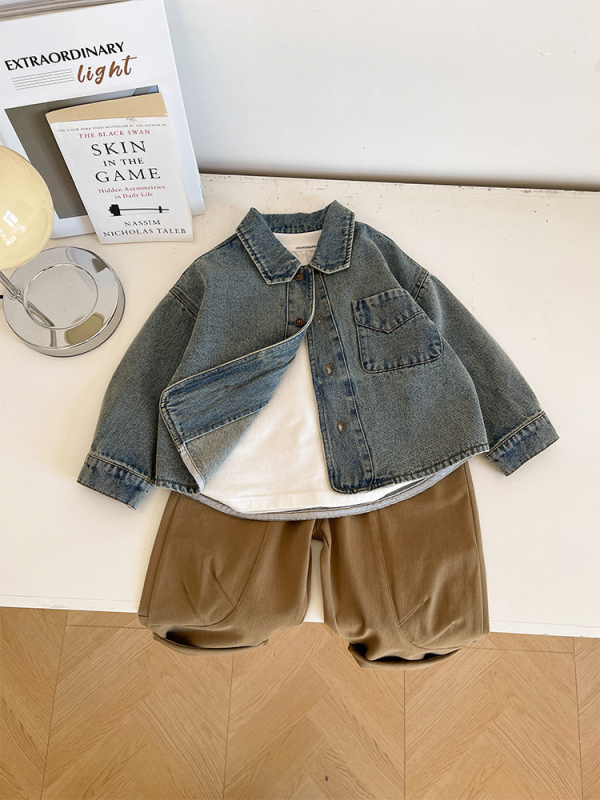 Cămașă din denim pentru copii – Unisex, mâneci lungi, guler Turn-Down, model solid, primăvară (Material principal: 75,6% bumbac; Guler: Turn-Down; Mâneci: lungi; Model: solid; Sezon: primăvară)