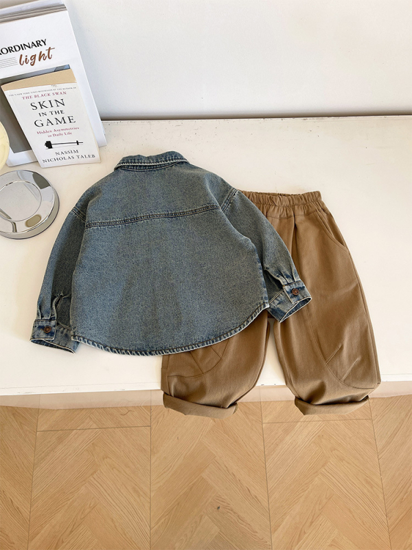 Cămașă din denim pentru copii – Unisex, mâneci lungi, guler Turn-Down, model solid, primăvară (Material principal: 75,6% bumbac; Guler: Turn-Down; Mâneci: lungi; Model: solid; Sezon: primăvară)