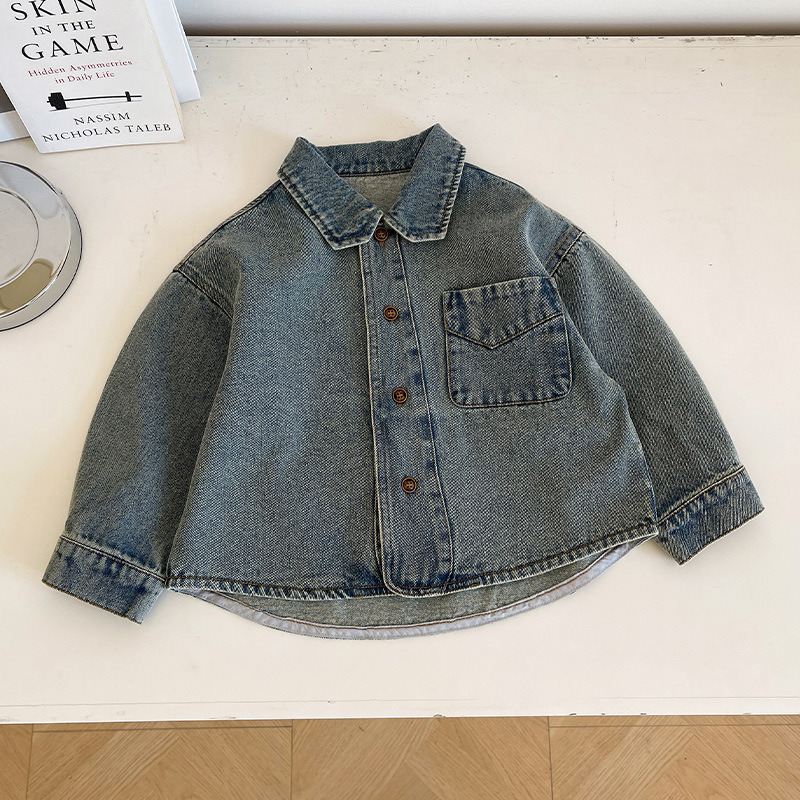 Cămașă din denim pentru copii – Unisex, mâneci lungi, guler Turn-Down, model solid, primăvară (Material principal: 75,6% bumbac; Guler: Turn-Down; Mâneci: lungi; Model: solid; Sezon: primăvară)