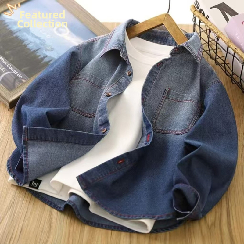 Muška denim košulja jakna za dječake, dugi rukav, srednja do velike veličine, moderan proljetno-jesenski stil