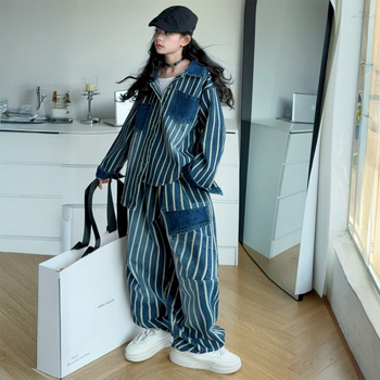 Dječji set od denimske košulje – korejski stil, vertikalne pruge, turn-down ovratnik, casual jakna i cargo hlače, 2-djelni set, jesen 2025