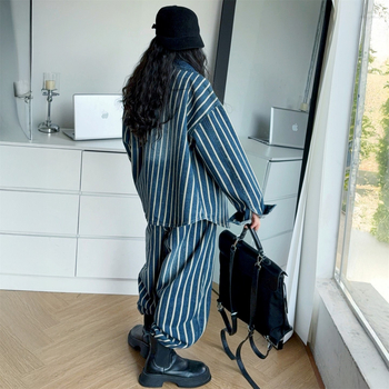 Dječji set od denimske košulje – korejski stil, vertikalne pruge, turn-down ovratnik, casual jakna i cargo hlače, 2-djelni set, jesen 2025