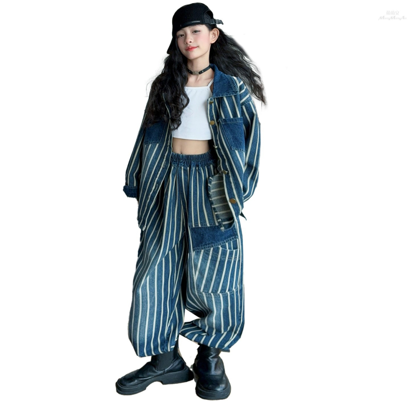 Dječji set od denimske košulje – korejski stil, vertikalne pruge, turn-down ovratnik, casual jakna i cargo hlače, 2-djelni set, jesen 2025