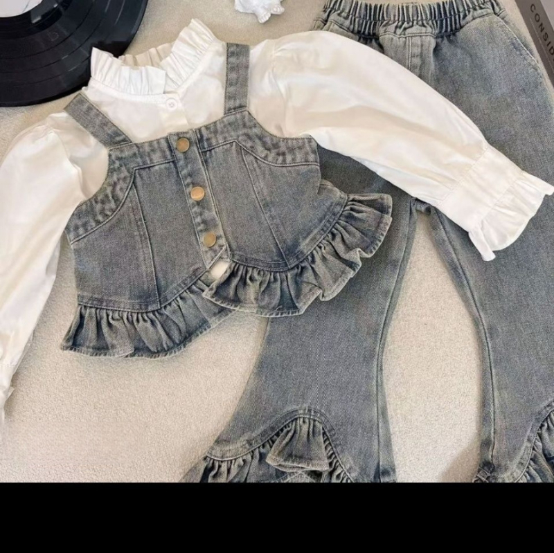 Dječji denimski trodjelni komplet za proljeće i jesen, korejski stil, vestica, košulja i hlače, pamuk u denimu