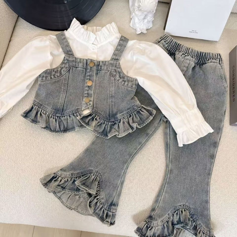 Dječji denimski trodjelni komplet za proljeće i jesen, korejski stil, vestica, košulja i hlače, pamuk u denimu