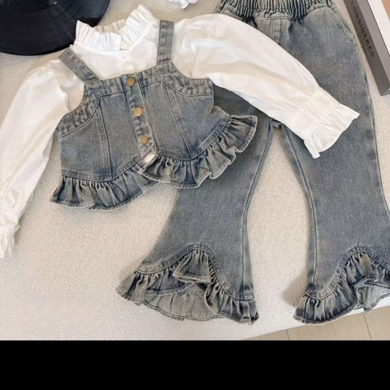 Dječji denimski trodjelni komplet za proljeće i jesen, korejski stil, vestica, košulja i hlače, pamuk u denimu