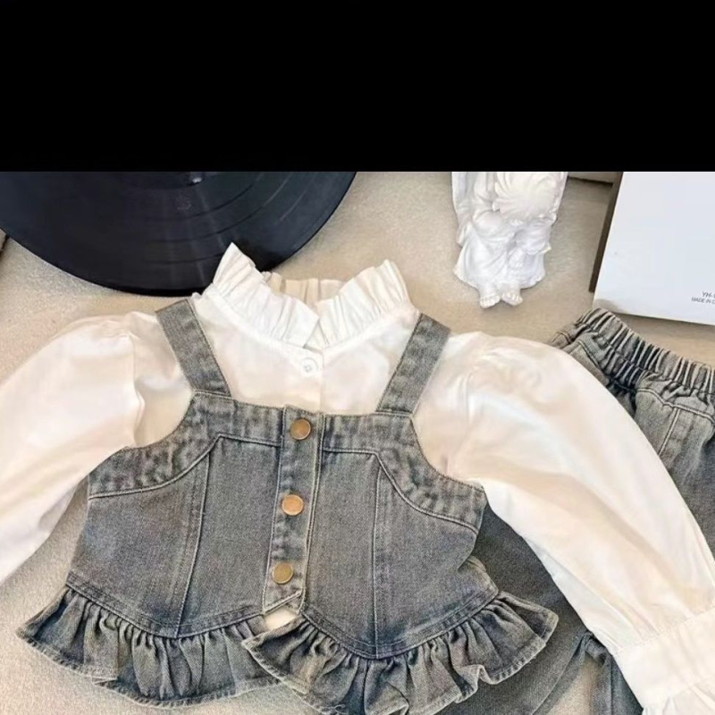Dječji denimski trodjelni komplet za proljeće i jesen, korejski stil, vestica, košulja i hlače, pamuk u denimu
