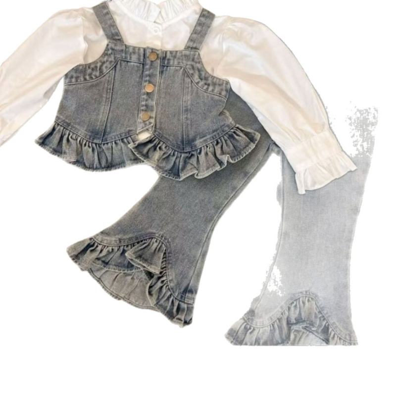 Dječji denimski trodjelni komplet za proljeće i jesen, korejski stil, vestica, košulja i hlače, pamuk u denimu