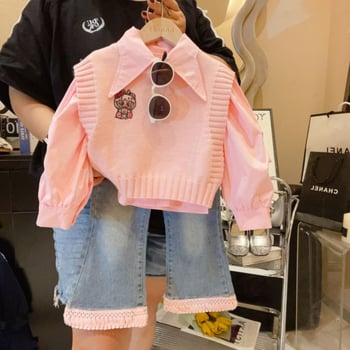 Set pentru copii din trei piese: vestă tricotată cu desene animate, cămașă și blugi cu ciucuri (Toamna 2025)