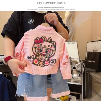 Set pentru copii din trei piese: vestă tricotată cu desene animate, cămașă și blugi cu ciucuri (Toamna 2025)