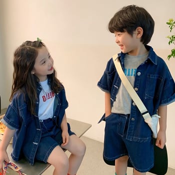 Set copii din două piese: cămașă în stil denim și șorturi, unisex, mâneci scurte, bumbac 71–80%, Finisaj moale