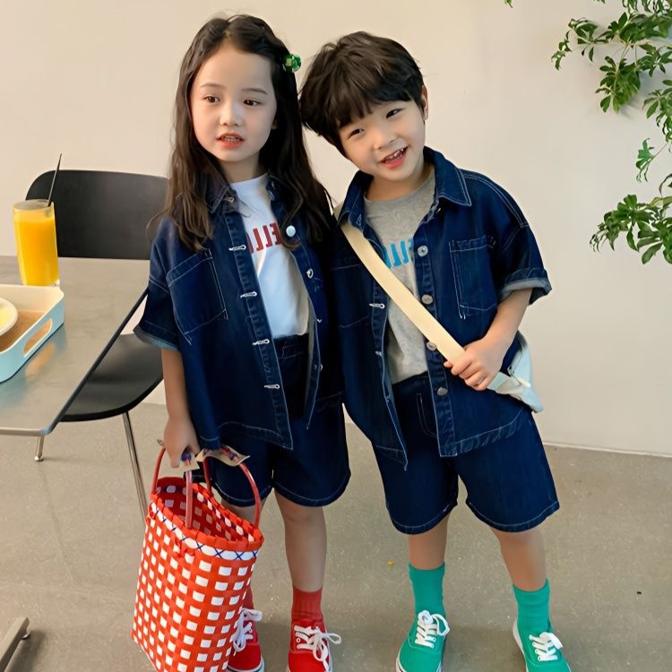 Set copii din două piese: cămașă în stil denim și șorturi, unisex, mâneci scurte, bumbac 71–80%, Finisaj moale